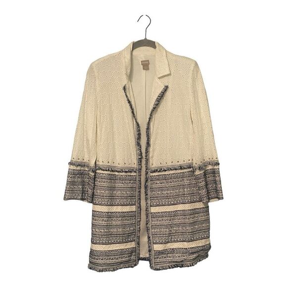 Chico's Cotton Eyelet Topper Embellished Trim Jacket size 0 Size Small - Picture 1 of 12